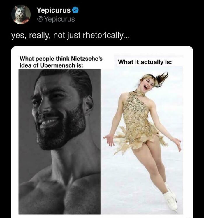 Meme comparing Nietzsche's Ubermensch idea to a joyful ice skater internet content