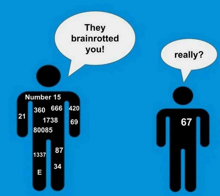 Diagram figure with numbers brainrotted, other figure with 67 questioning, internet meme