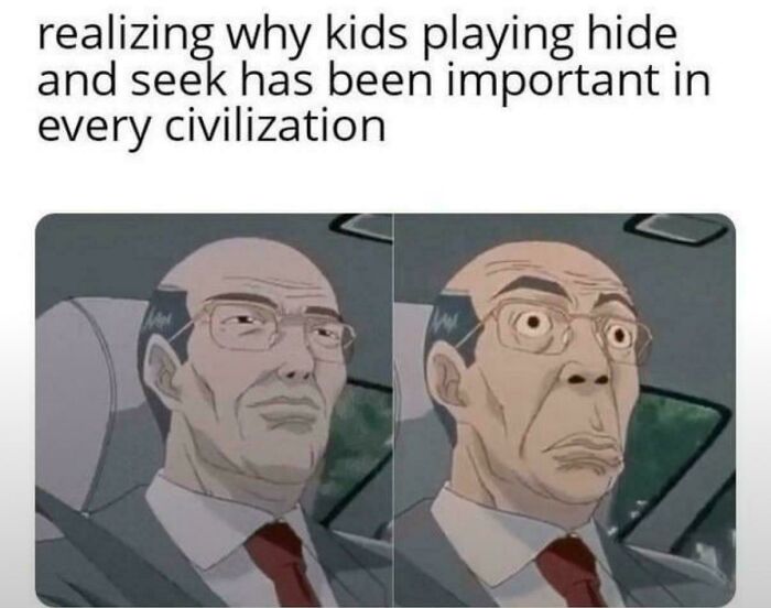 Cartoon man realizing importance of kids playing hide and seek across civilizations