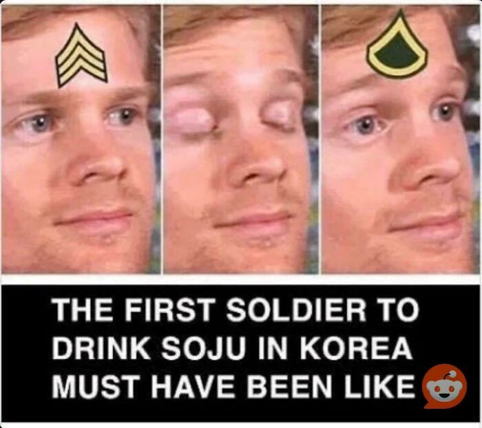 Meme of a man reacting to first soldier drinking soju in Korea internet content