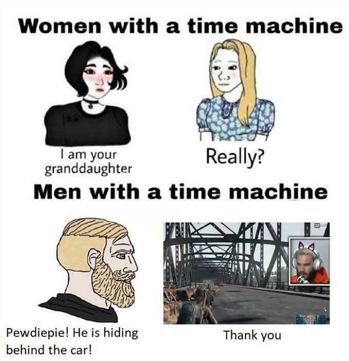 Comic of women and men with time machines and Pewdiepie hiding behind car internet content