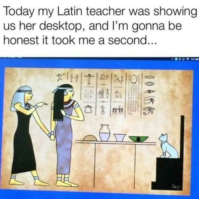 Latin teacher shows desktop with Egyptian hieroglyphs and cartoon figures, funny internet content meme