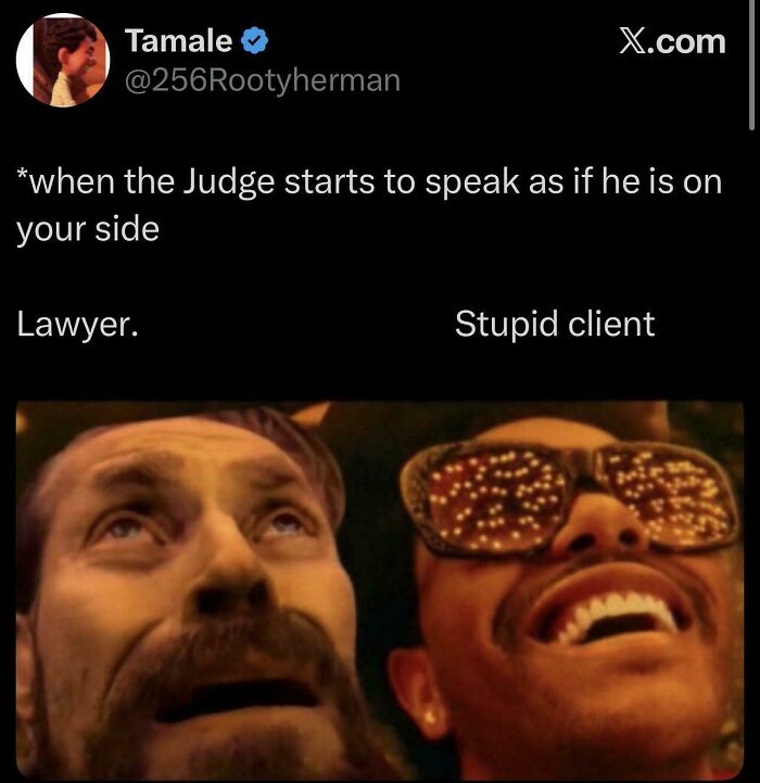 Judge seeming on lawyer's side confuses stupid client, funny legal meme
