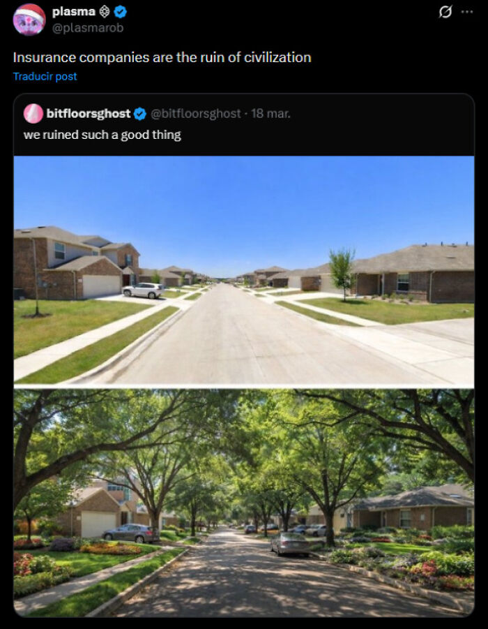 Comparison of empty and tree-lined streets criticizing insurance companies