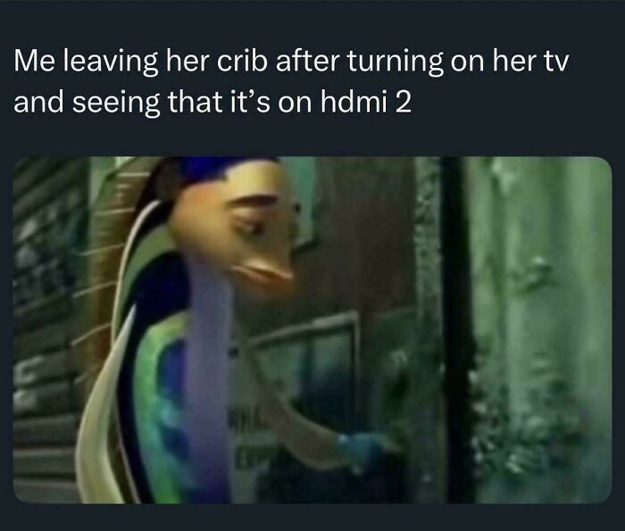 Meme with penguin leaving crib after turning on TV and seeing it’s on HDMI 2