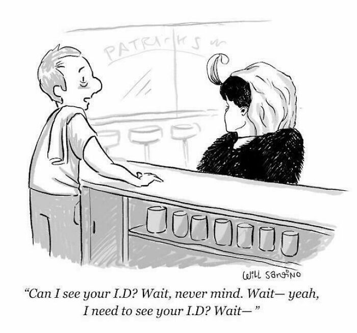 Cartoon comic of bartender confused about asking to see customer's ID repeatedly