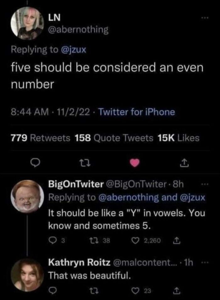 Screenshot of Twitter discussion about whether five should be considered an even number