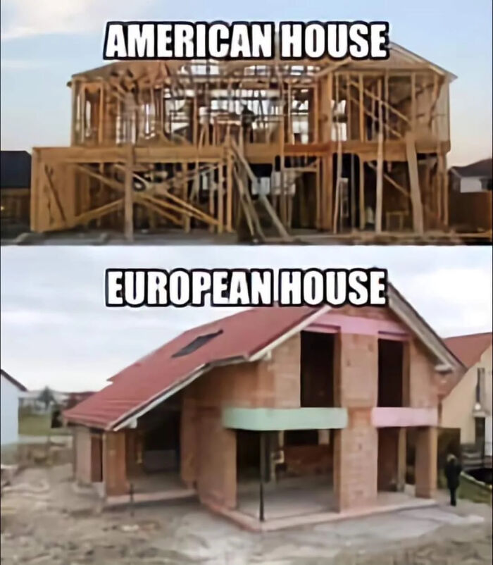 Comparison of American house wooden frame with finished European house brick construction