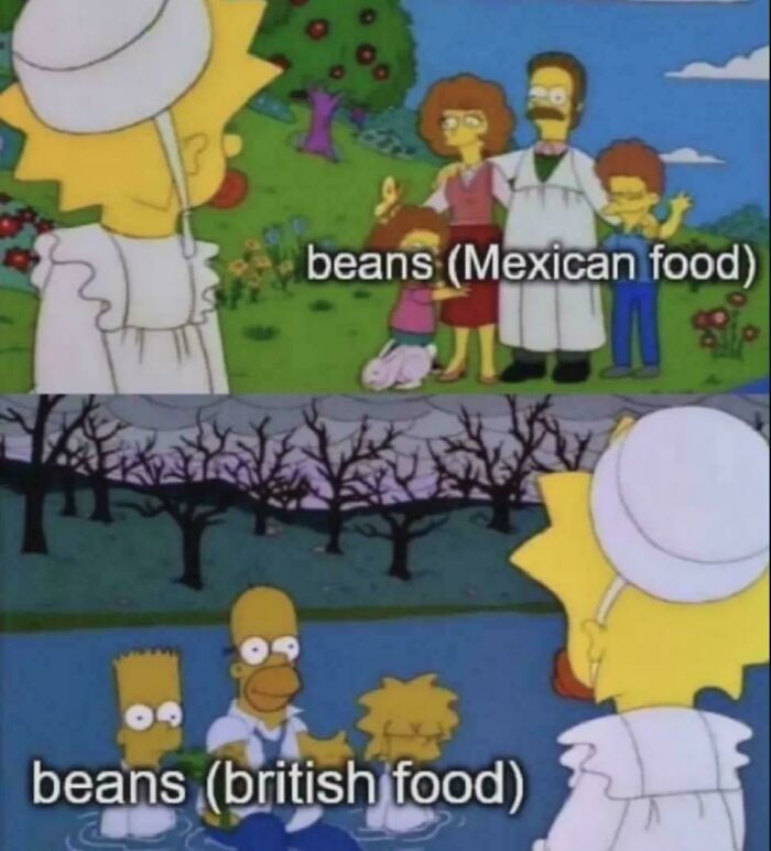Simpsons meme comparing Mexican food beans with British food beans in different scenes