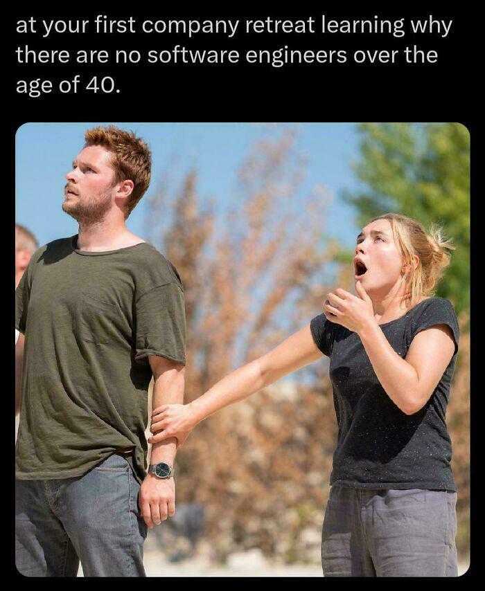 Caption about company retreat and no software engineers over age 40 with surprised couple image