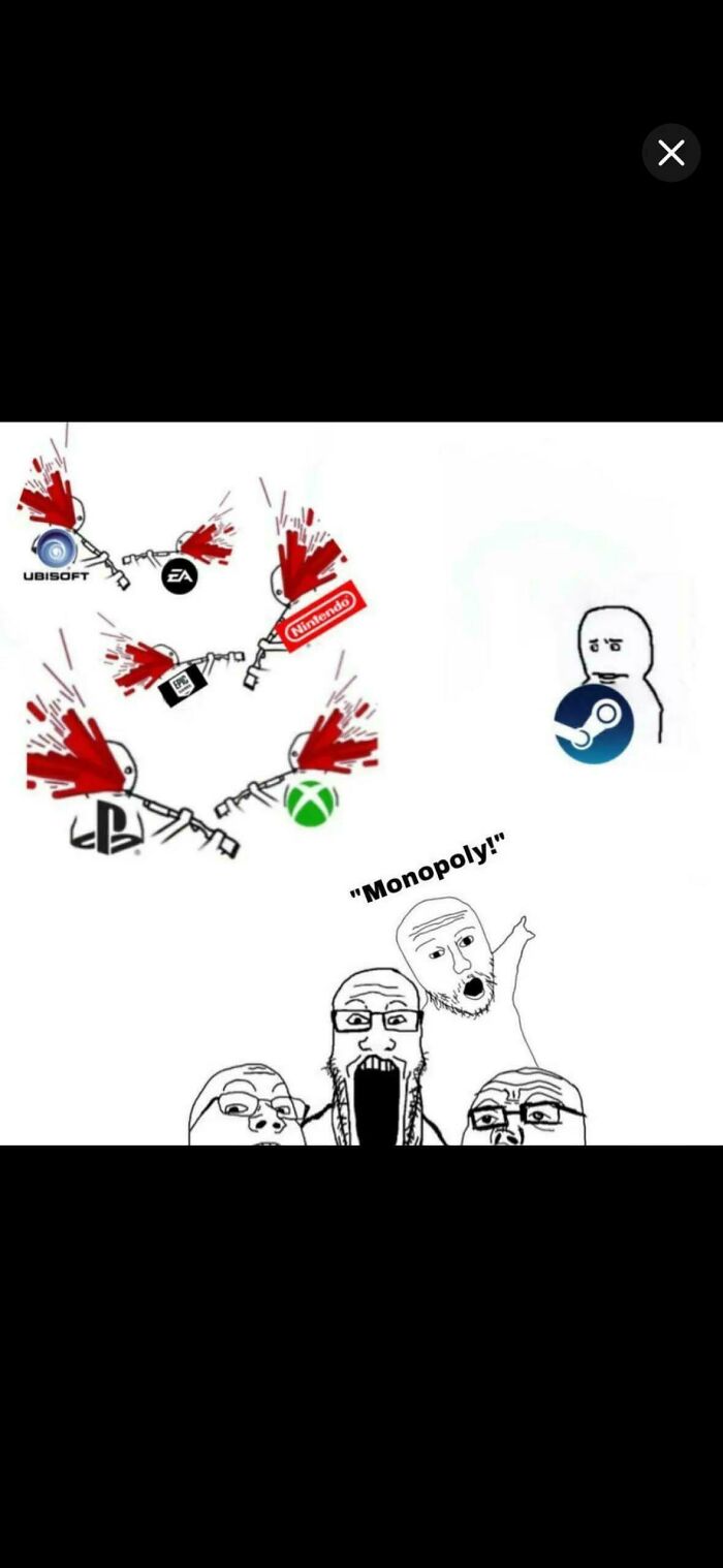 Meme showing video game companies bleeding with Steam person saying monopoly