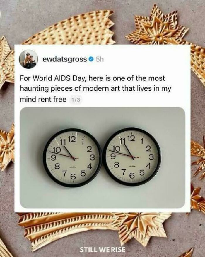 Two clocks arranged to resemble breasts referenced as modern art for World AIDS Day