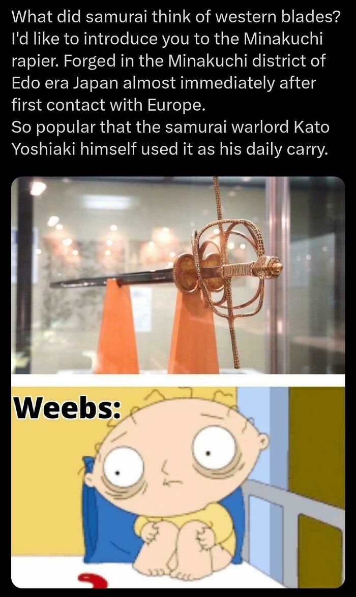 Historical samurai rapier sword with text explaining its significance and a scared cartoon character