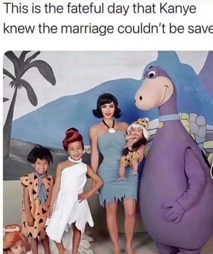Group of people dressed as Flintstones characters with caption about Kanye marriage