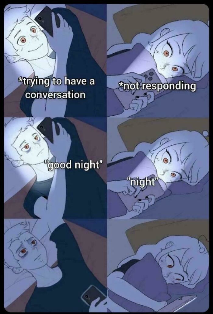 Cartoon of couple texting in bed with one trying to have a conversation and other not responding