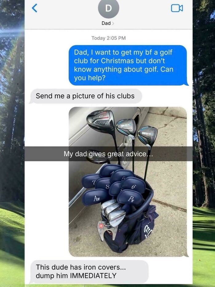 Text conversation about golf clubs with advice to dump someone for iron covers