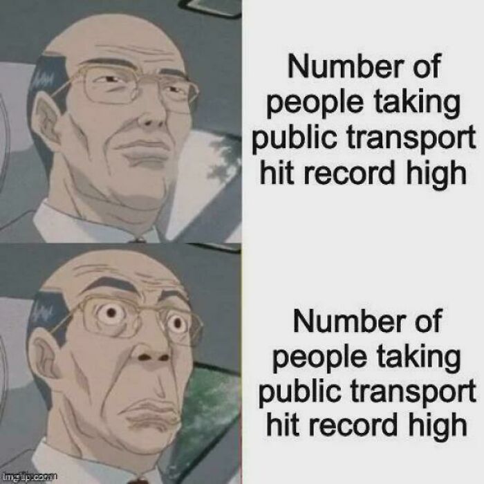 Public transport usage meme with surprised cartoon face reaction