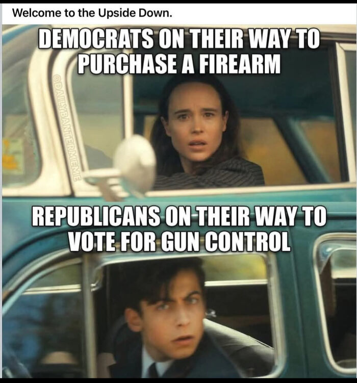 Meme showing Democrats buying firearms and Republicans voting for gun control