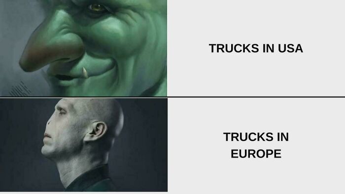 Comparison meme illustrating trucks in USA versus trucks in Europe