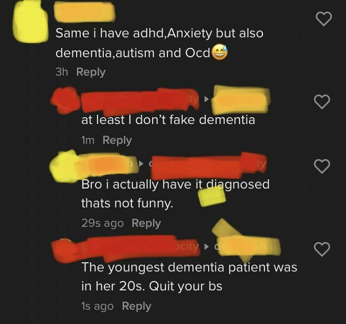 Social media comments exposing lies about dementia diagnosis