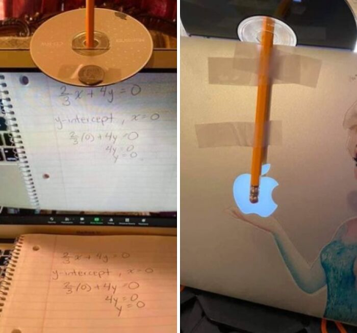 Low-tech trick to avoid webcam with pencil taped to CD on laptop screen