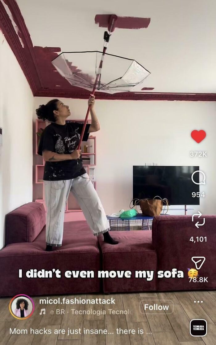 Low-tech paint roller hack using umbrella taped for ceiling painting