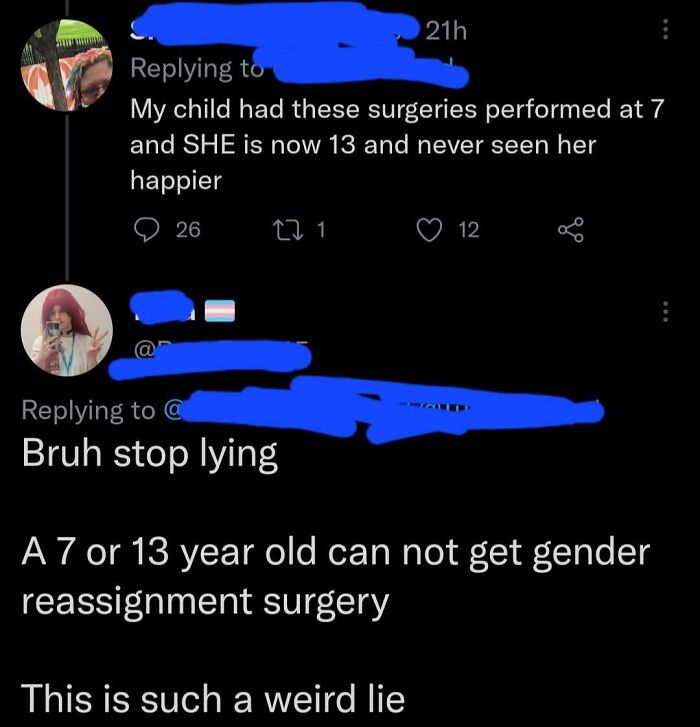 Social media exchange denying surgery claim on child, accusing lying about gender reassignment