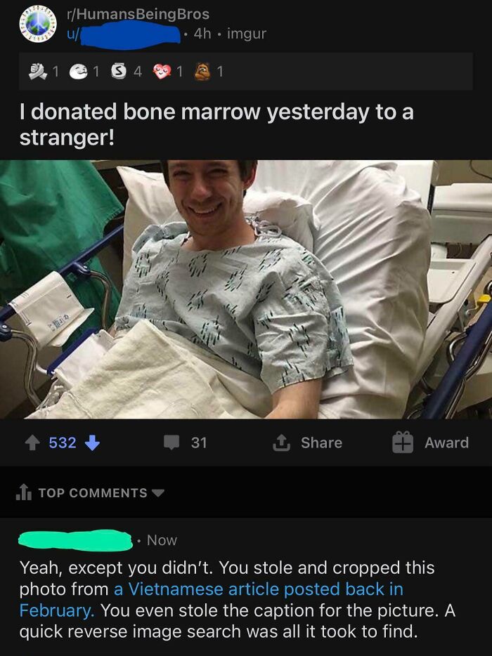 Reddit post claiming bone marrow donation with comment exposing photo theft from an article