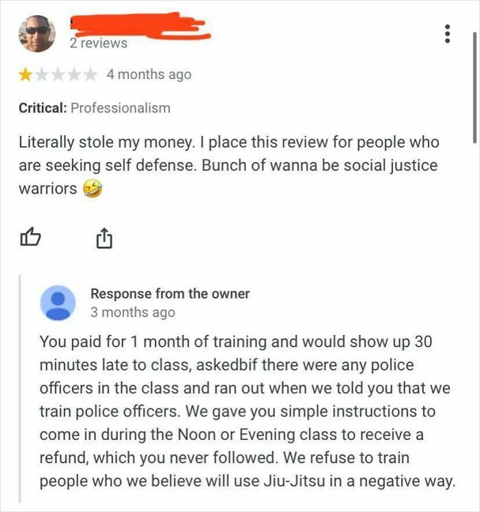One-star review claiming money stolen, owner responds explaining attendance and refund policy