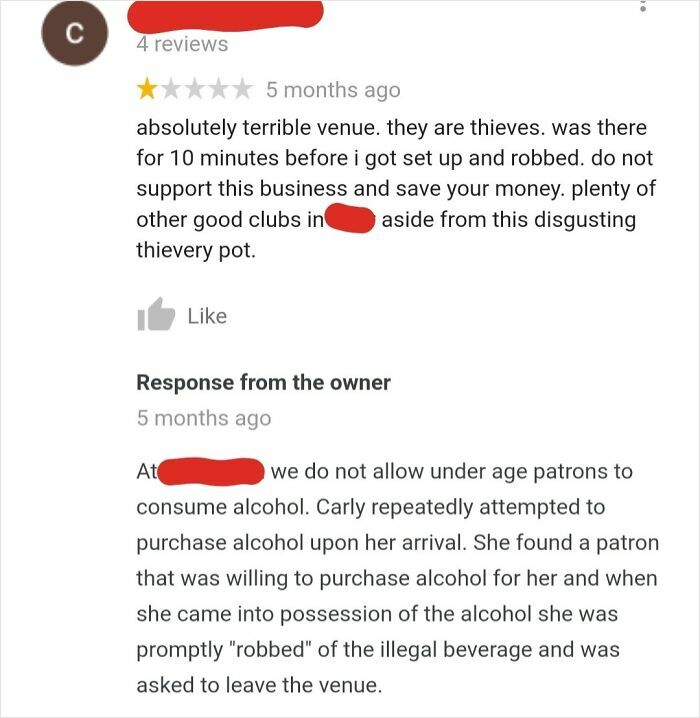 One-star review calling venue thieves, owner explains underage alcohol rules and incident