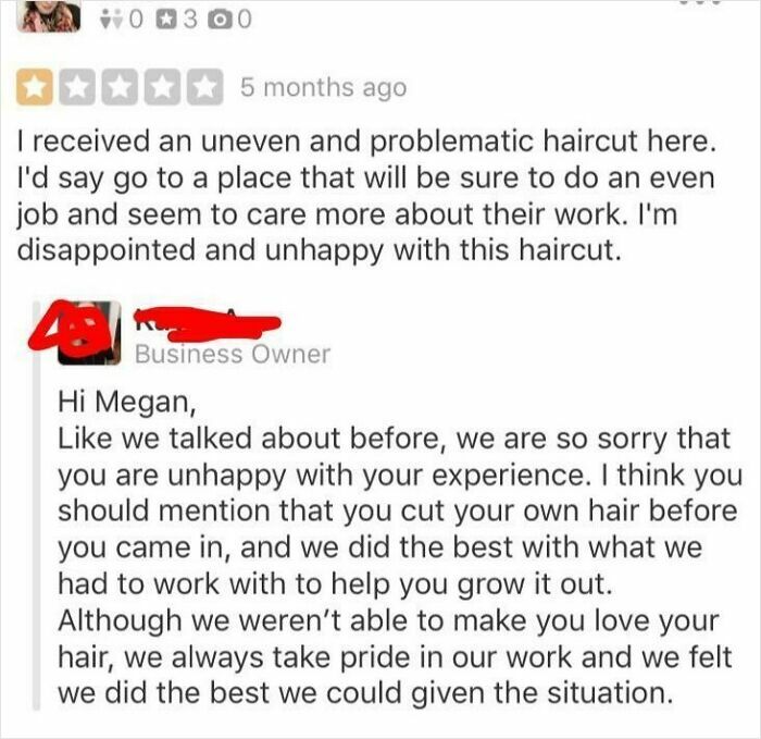 Negative hair salon review and owner's ironic response