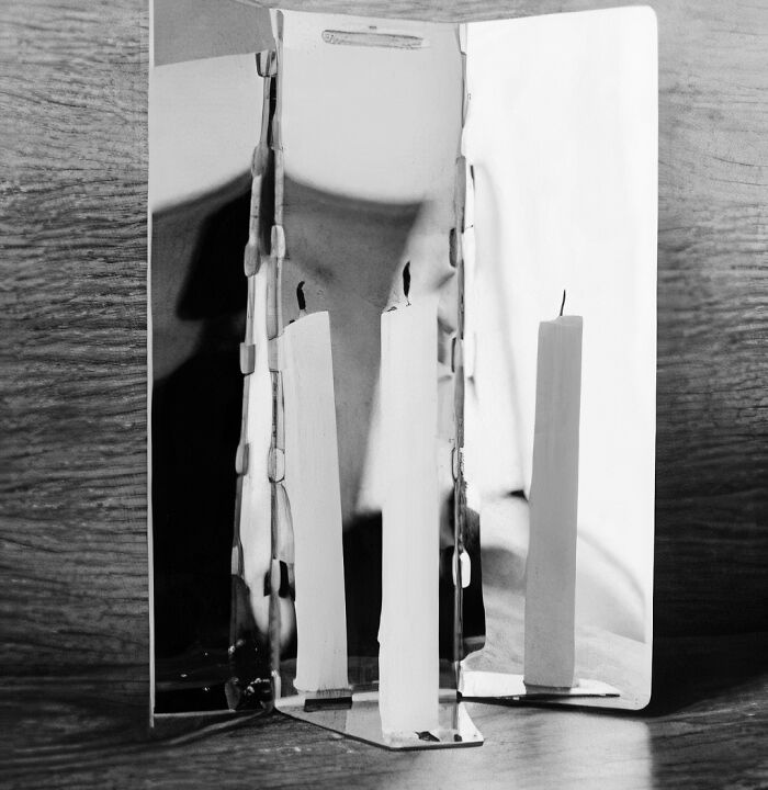 Low-tech candle reflection setup using a tri-fold mirror for enhanced light