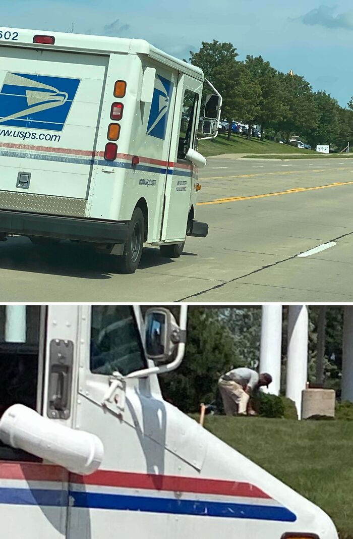 Low-tech USPS mail truck fix with a PVC pipe handle attached to the door