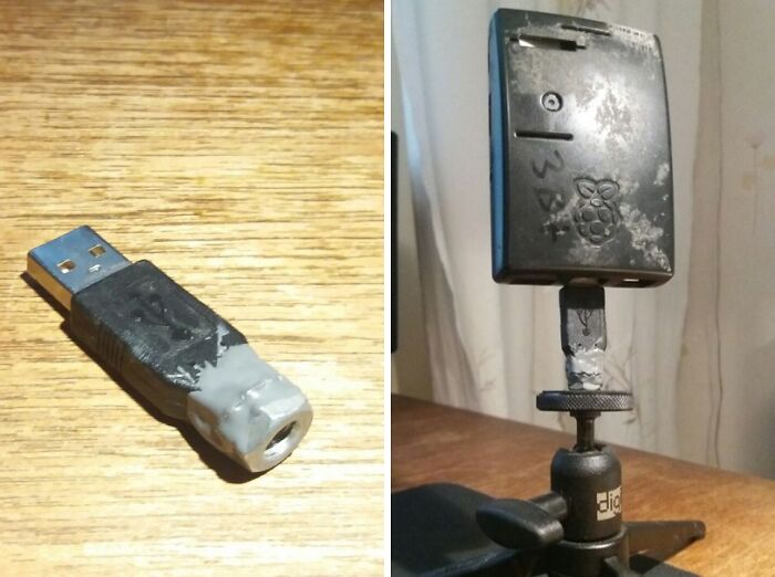 Homemade camera stand made from a USB stick and mount with low-tech fix