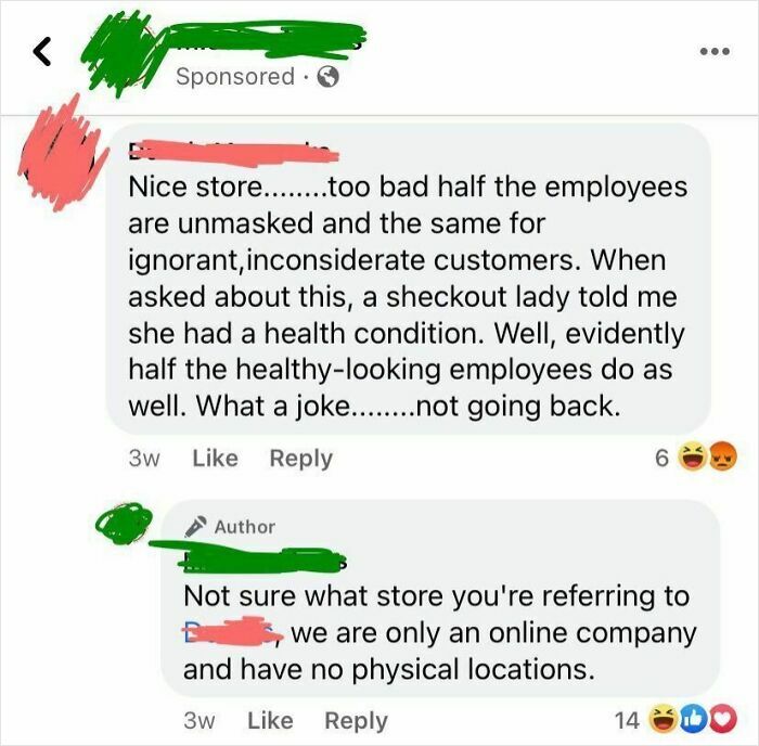 Online company response denying physical store after customer complaint about unmasked employees