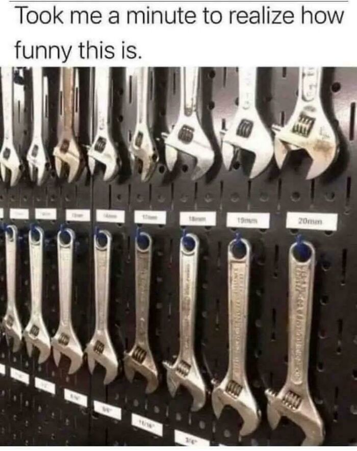 Photo of tools arranged by size with caption about taking a minute to get the joke