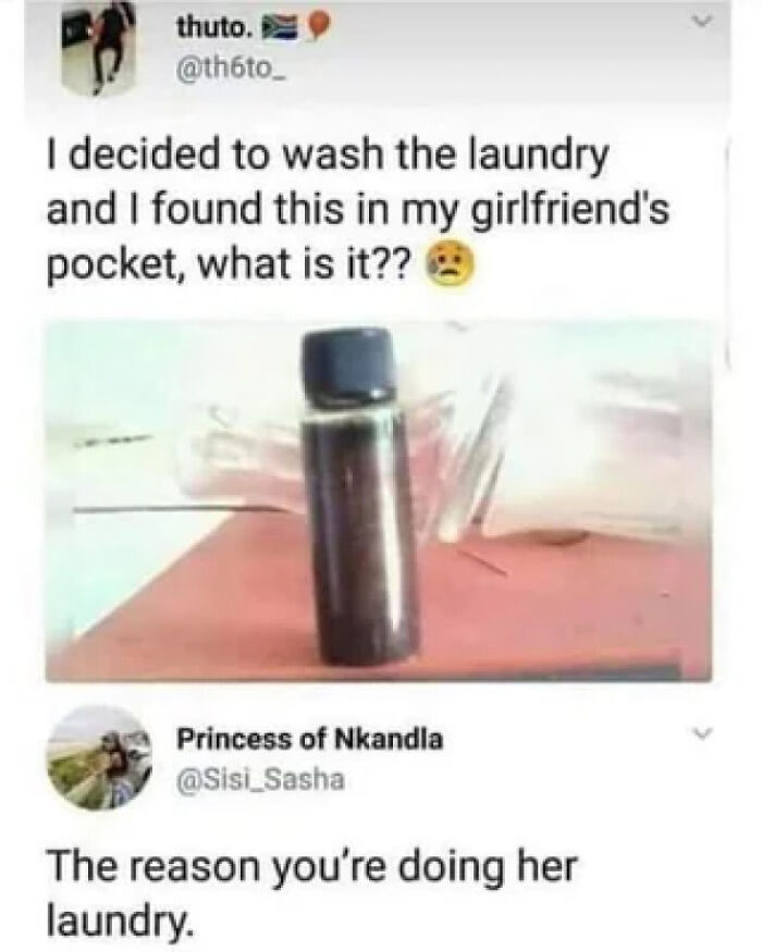 Tweet about finding a mysterious object in girlfriend's pocket while doing laundry
