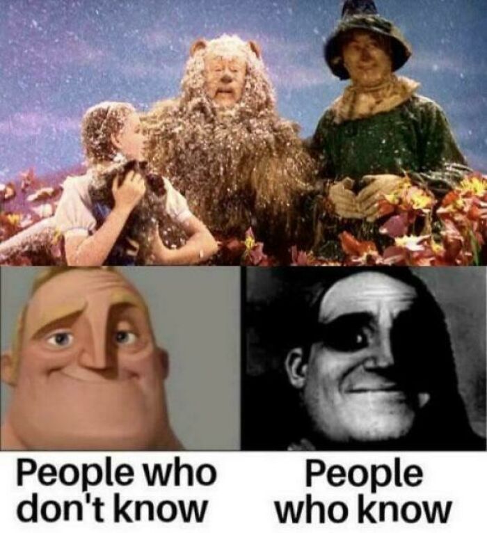 Comparison meme showing characters from Wizard of Oz and Mr. Incredible for people who know or don't know