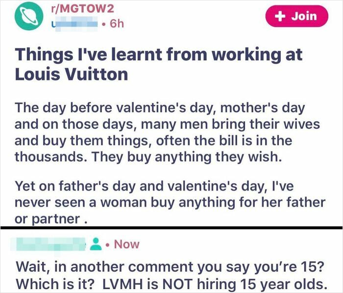 Reddit post discussing buying habits observed working at Louis Vuitton