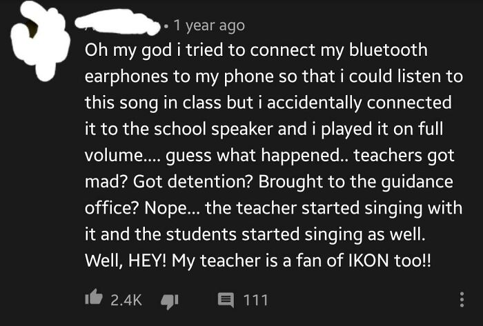 Story about accidentally playing music on school speaker and teacher joining in