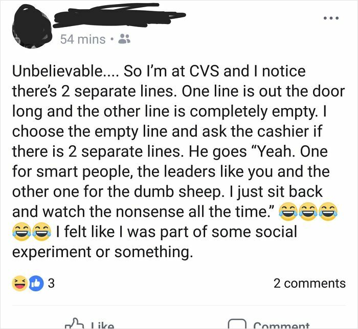 Social media post about CVS lines and a cashier's witty answer about smart and dumb lines