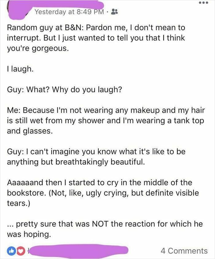 Bookstore compliment reaction moves woman to tears unexpectedly