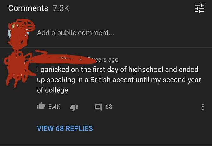 YouTube comment about panicking and speaking in British accent through college