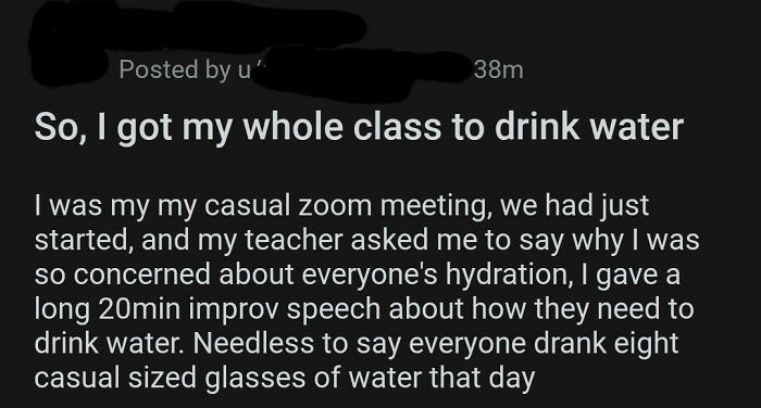 Class hydration speech convinces everyone to drink water during Zoom meeting