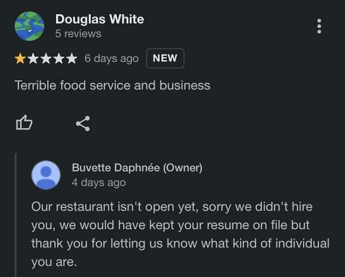 One-star review reply reveals restaurant not open and applicant not hired