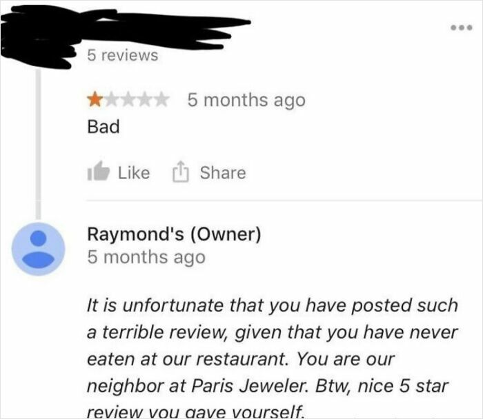 Owner replies to fake bad review by neighbor at Paris Jeweler restaurant