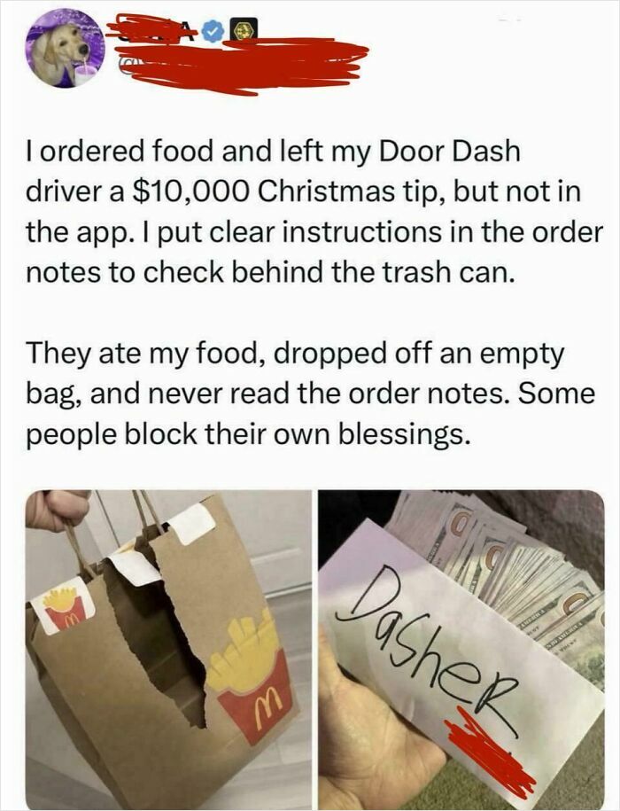 Customer leaves 10,000 tip hidden behind trash can with Door Dash food order