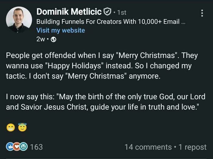 Post about changing Merry Christmas greetings to a religious holiday message