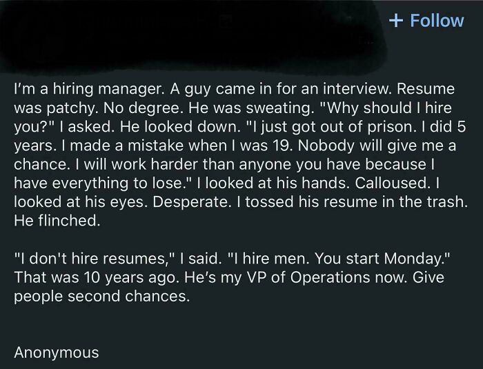 Hiring manager story about hiring man recently out of prison