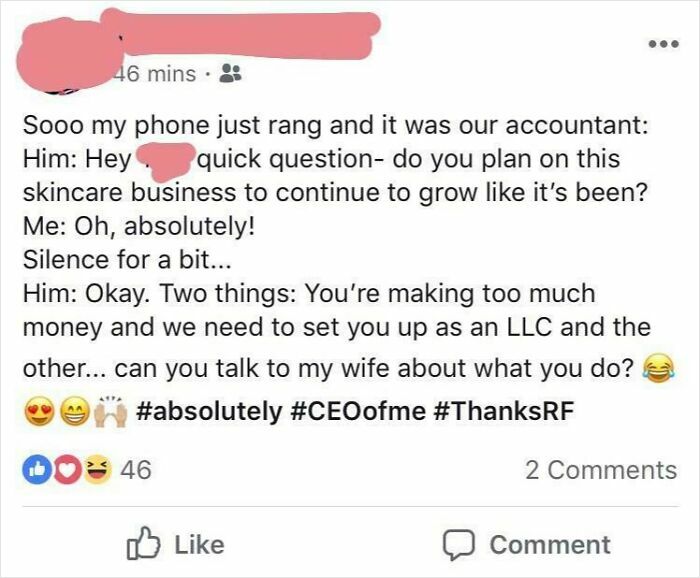 Social media post about skincare business growth and accountant advice